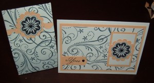 To You card and Baggie - I used the So Swirly Wheel, flower from Baroque Motifs and To You from the hostess set Best Yet. Punches used were slit punch to make the scalloped edge on the bag 1" circle to round end of To You sentiment and scallop circle for under cut out flowers stamp. Colours are Apricot Appeal, Very Vanilla and Basic Black ink and brads.